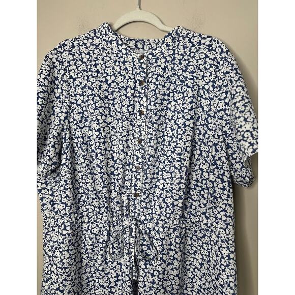 Lands End Dress 1X Blue White Floral Tie Cinched Waist Coastal Preppy Button - Picture 5 of 10